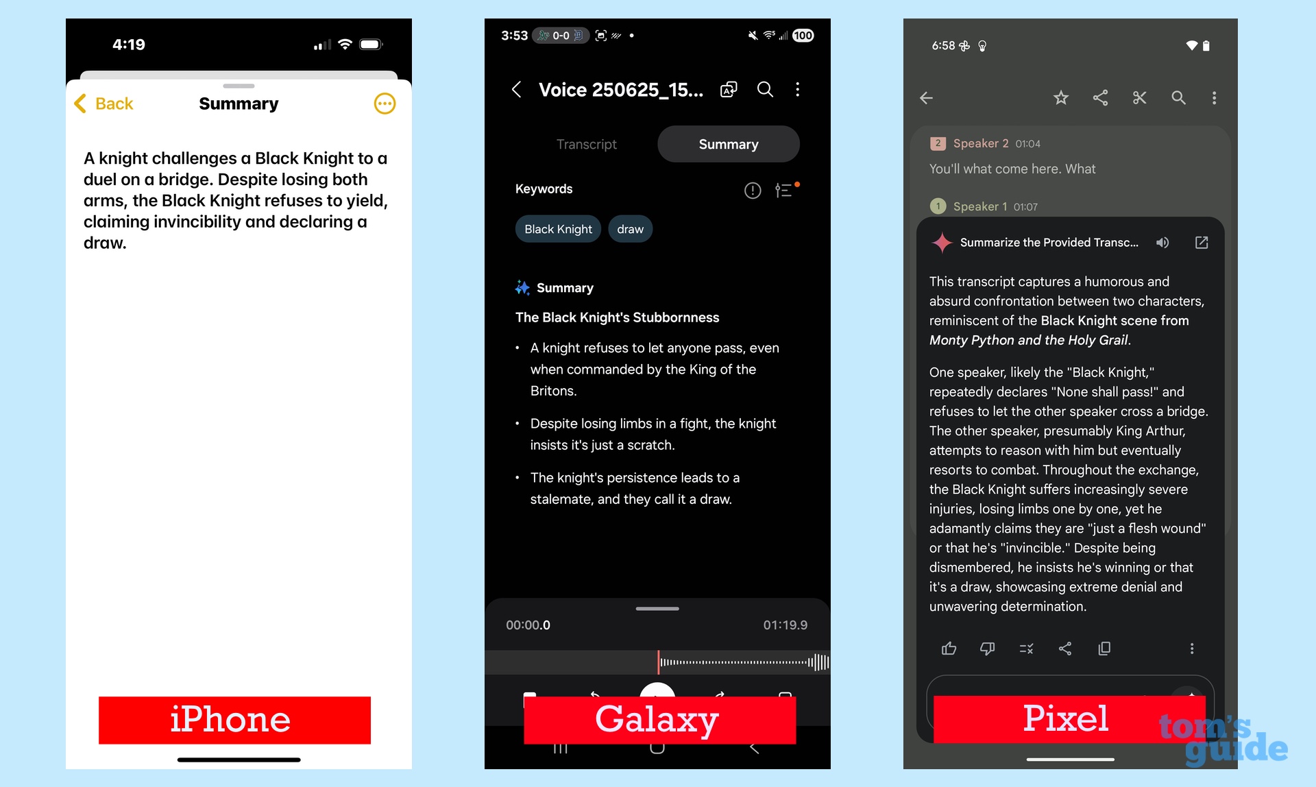 AI-generated summary of recording with multiple speakers on iPhone Galaxy S and Pixel phones