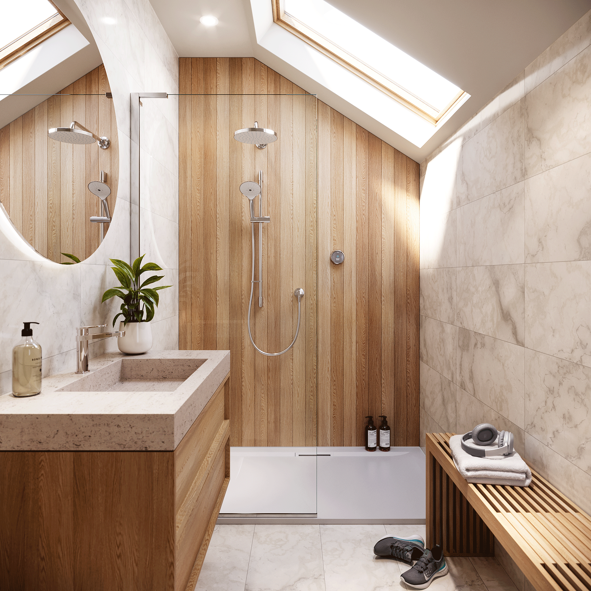 Silver shower head in bathroom with wooden cladding