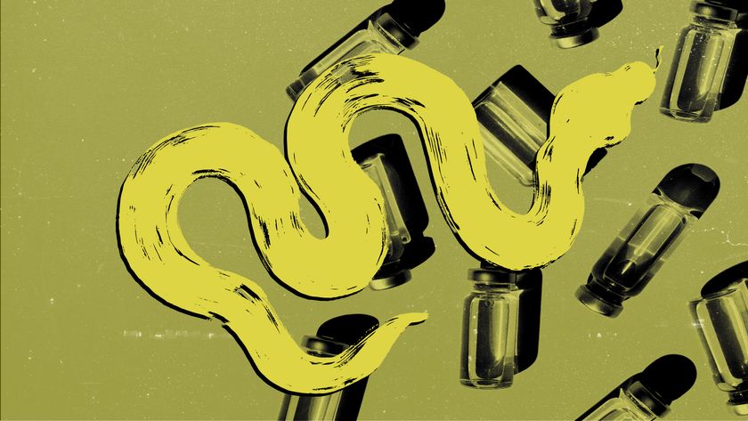 An illustration of a snake over vials of antivenom