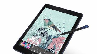 Google tablet displaying a work in progress digital illustration of a bird on a branch