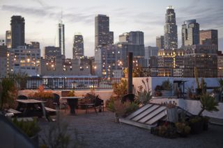 Rooftop bar with view of Downtown skyline