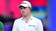 Justin Thomas talking while playing in the TGL for Atlanta Drive against Boston Common