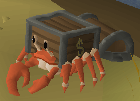 A crab from Old School Runescape with a treasure chest on its head sitting on the sand.