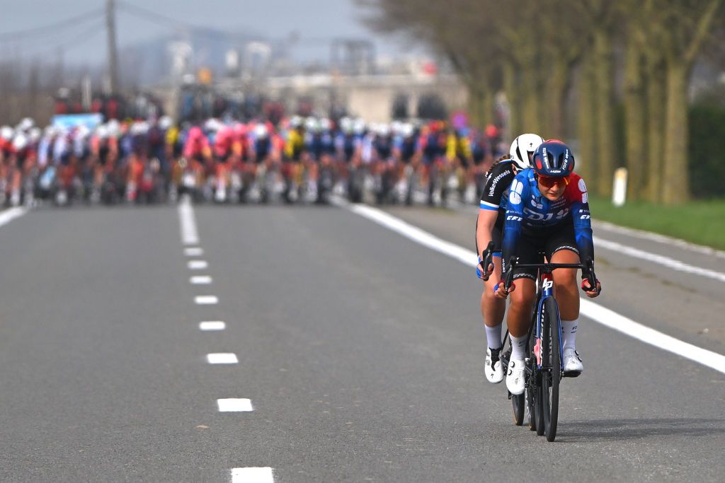 DE PANNE BELGIUM MARCH 21 Lisa Van Helvoirt of The Netherlands and VolkerWessels Womens Pro Cycling Team and Alessia Vigilia of Italy and Team FDJ SUEZ attack during the 7th Womens Classic BruggeDe Panne 2024 a 155km one day race from Brugge to De Panne on March 21 2024 in De Panne Belgium Photo by Luc ClaessenGetty Images