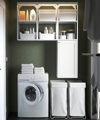 storage combination with cabinets and shelving from IKEA in a utility room with green walls