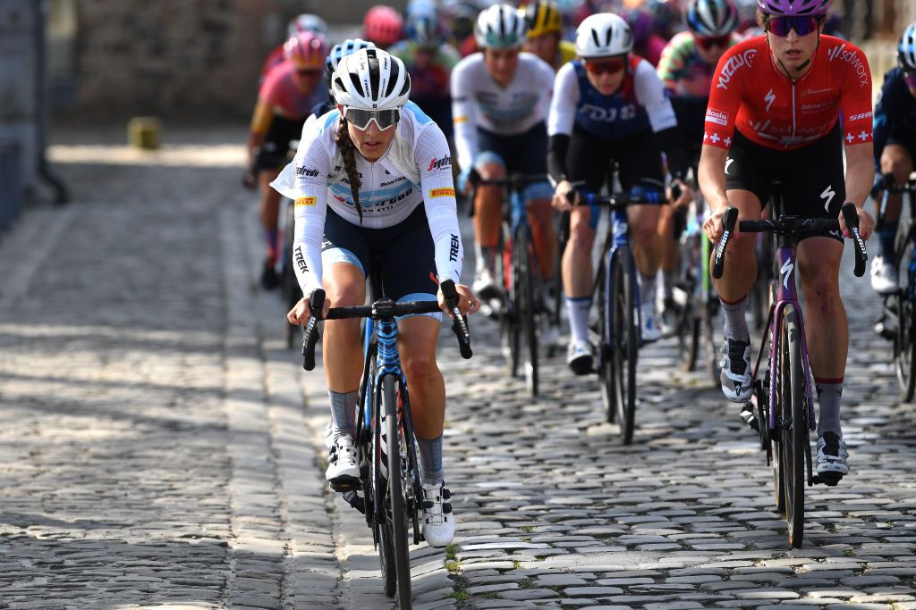 LIEGE BELGIUM APRIL 24 Lucinda Brand of Netherlands and Team Trek Segafredo competes during the 6th Liege Bastogne Liege 2022 Femmes a 1421km one day race from Bastogne to Lige LBL LBLwomen UCIWWT on April 24 2022 in Liege Belgium Photo by Luc ClaessenGetty Images