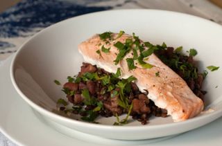 Baked-salmon with pancetta and lentils