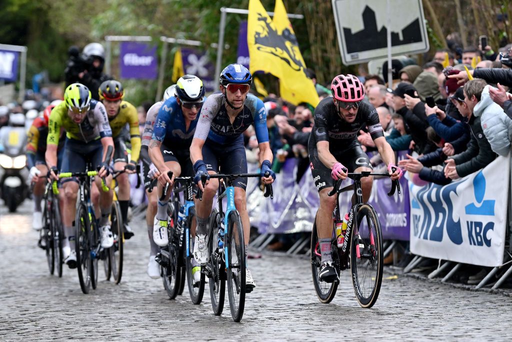 OUDENAARDE BELGIUM MARCH 31 LR Ivan Garcia Cortina of Spain and Movistar Team Dylan Teuns of Belgium and Team Israel Premier Tech and Alberto Bettiol of Italy and Team EF Education EasyPost compete during the 108th Ronde van Vlaanderen Tour des Flandres 2024 Mens Elite a 2708km one day race from Antwerpen to Oudenaarde UCIWT on March 31 2024 in Oudenaarde Belgium Photo by Dario BelingheriGetty Images
