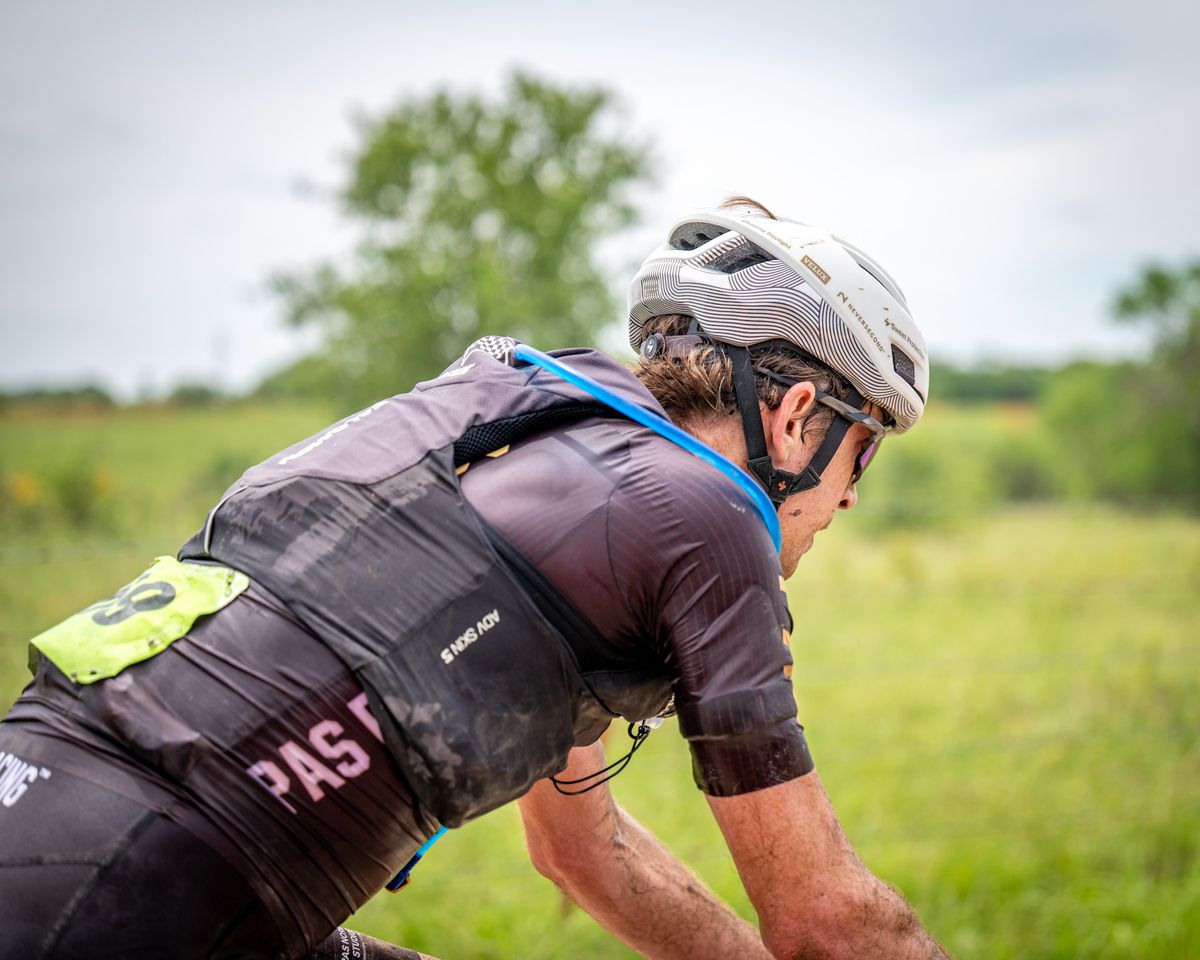 Chad Haga out the front of the pro men's race at Unbound Gravel 200, 2024