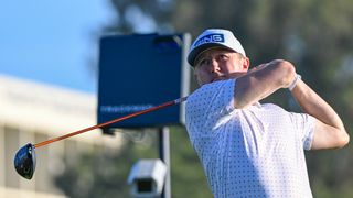 Mackenzie Hughes hits driver at the 2024 Farmers Insurance Open