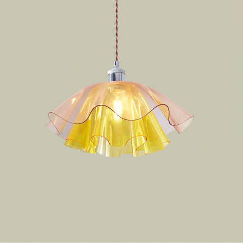 A floral shaped glass shade with two tiers of pink and yellow