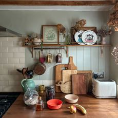 Kitchen counter top with a range of foods laid out for breakfast