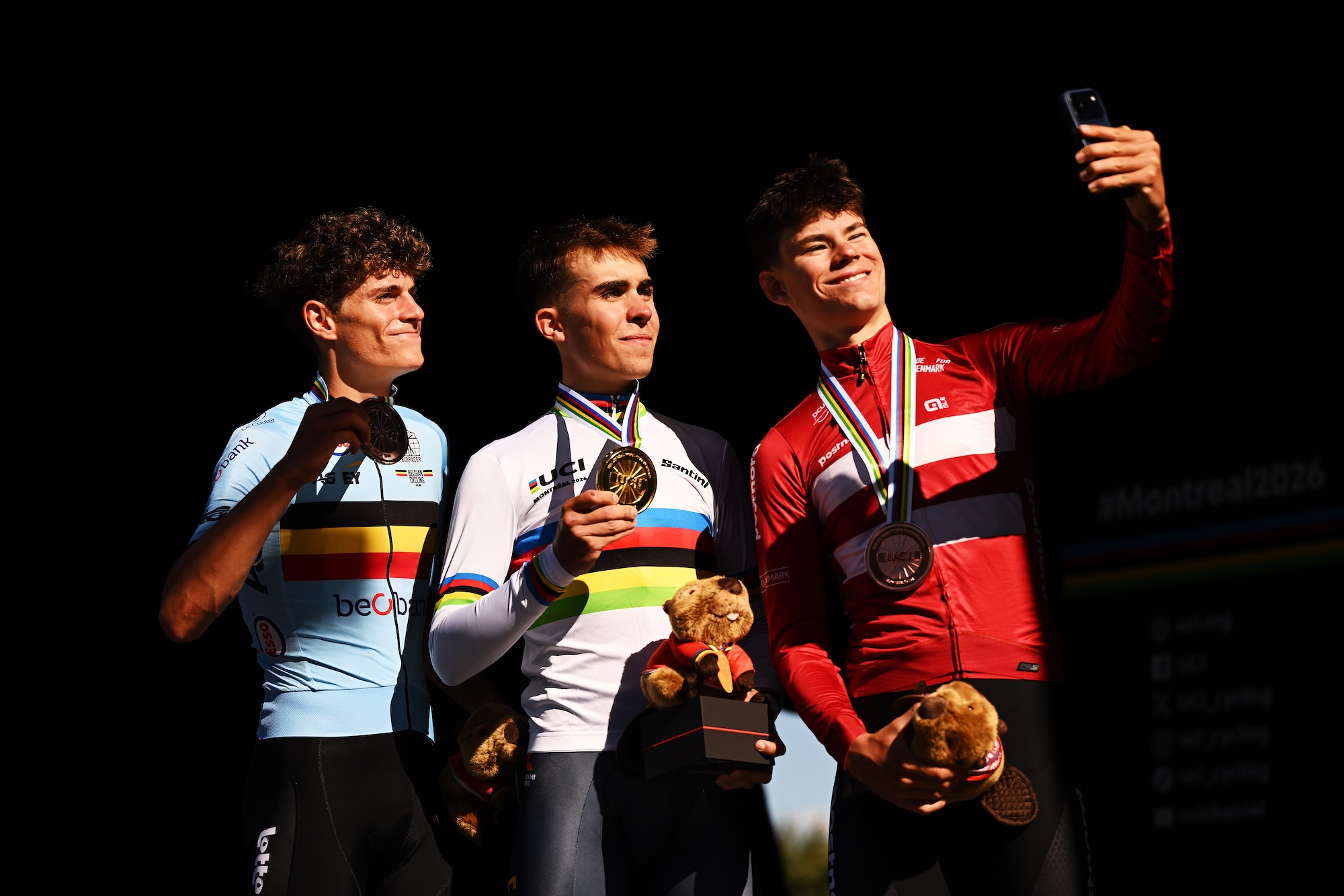 Gold medalist Benjamin Noval and Team Spain (C), Silver medalist Vic de Smet and Team Belgium (L) and Bronze medalist Malthe Risbjerg and Team Denmark (R) pose on the podium during the 99th UCI Road World Championships Montreal 2026, Men Junior Individual Time Trial