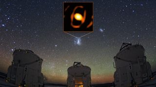 A photo of telescopes with a starry sky in the background and the new photo superimposed on top