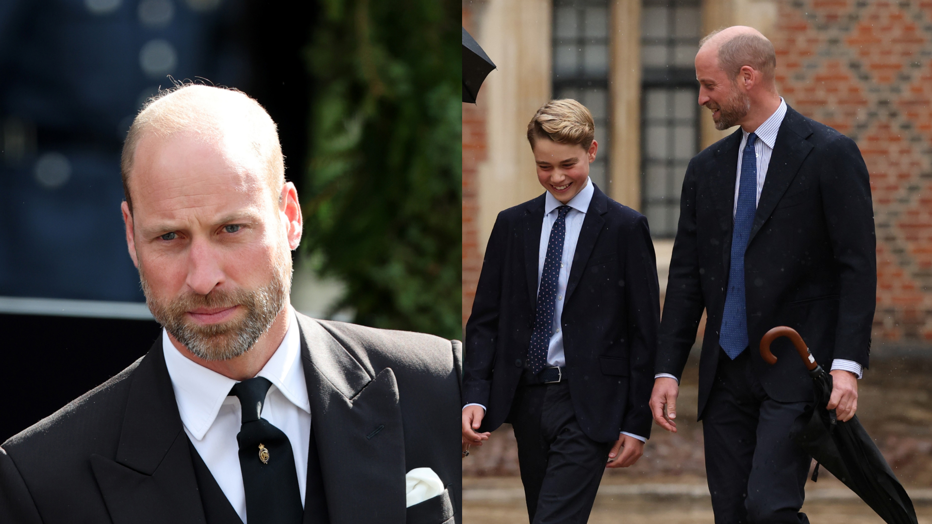 A split of Prince William at King Harald's funeral and Prince William walking next to Prince George at Eton College