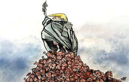 Political cartoon U.S. Trump Statue of Liberty migrant children immigration
