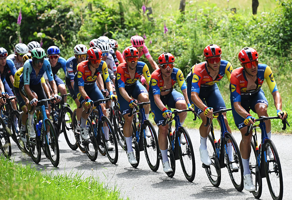MACON, FRANCE - JUNE 12: (L-R) Toms Skujins of Latvia, Edward Theuns of Belgium, Simone Consonni of Italy, Jonathan Milan of Italy and Jasper Stuyven of Belgium and Team Lidl - Trek during the 77th Criterium du Dauphine 2025, Stage 5 a 183km stage from Saint-Priest to Macon / #UCIWT / on June 12, 2025 in Macon, France. (Photo by Dario Belingheri/Getty Images)