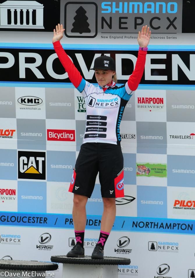Elle Anderson (CalGiant Berry Farm/Specialized) wearing the leader's jersey for the Shimano NEPCX Series