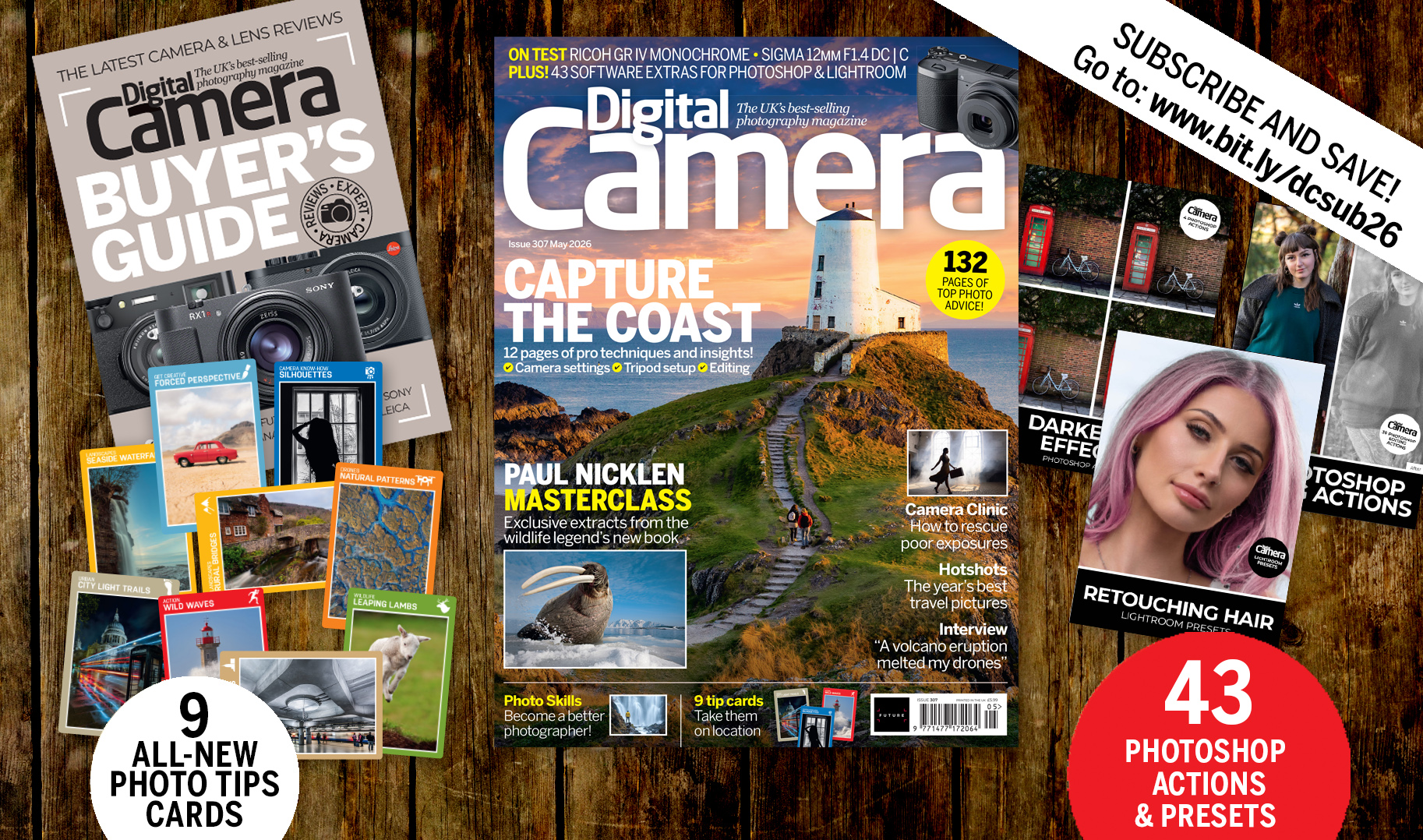 Front cover of issue 307 (May 2026) of Digital Camera magazine and images showing the highlights of the bonus gifts included with the issue