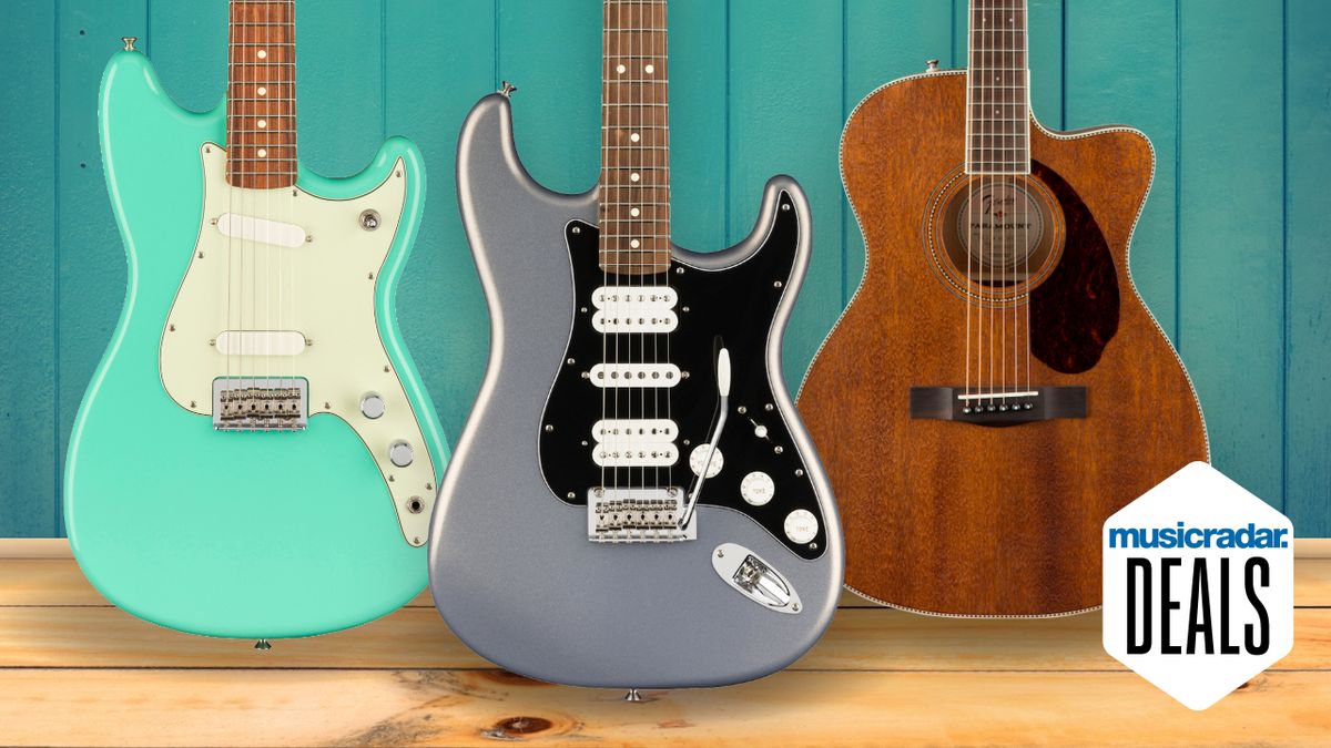 Three Fender guitars on a wooden floor