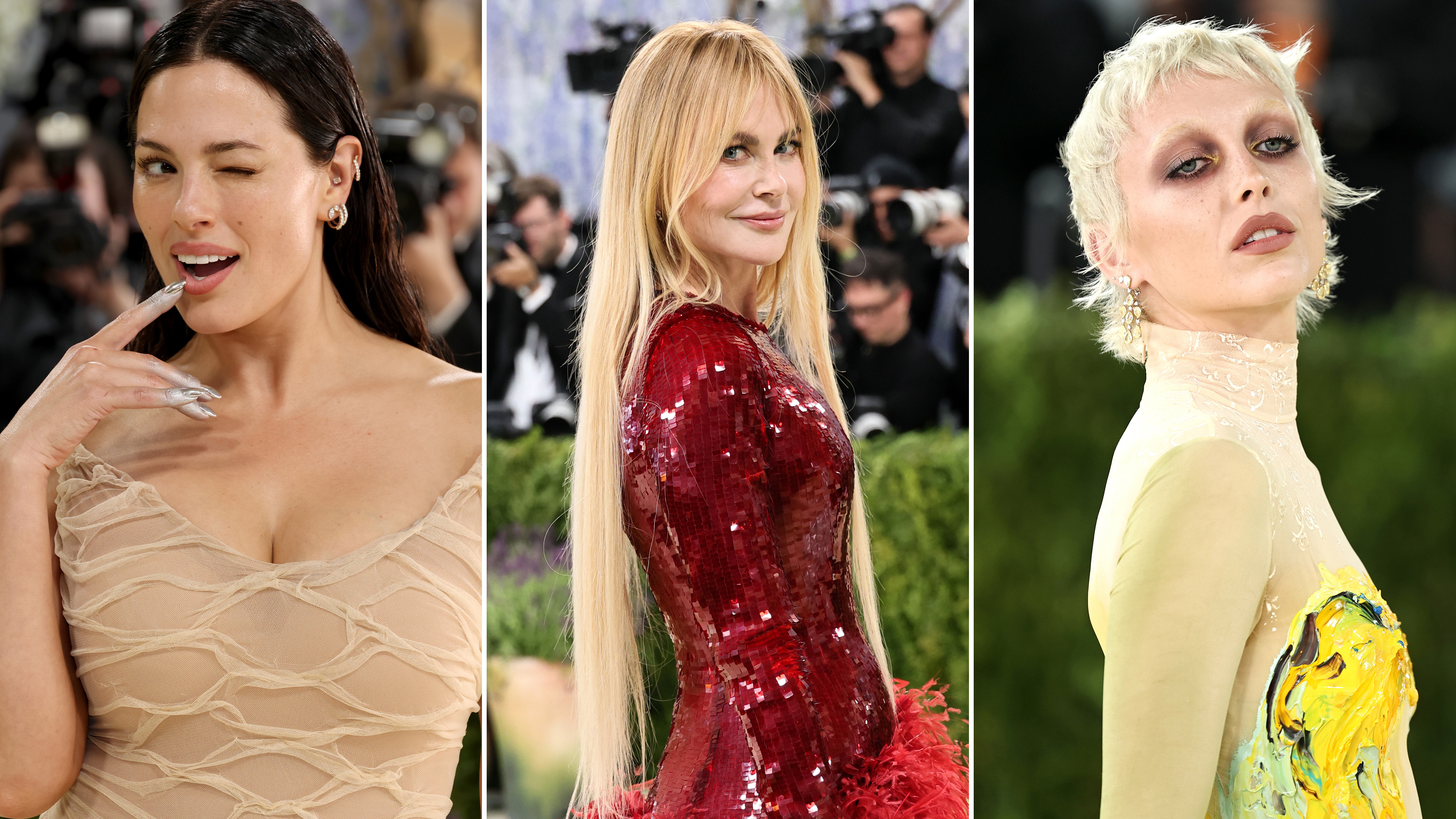 A tri-split image of Emma Chamberlain, Ashley Graham, and Nicole Kidman at the 2026 Met Gala.
