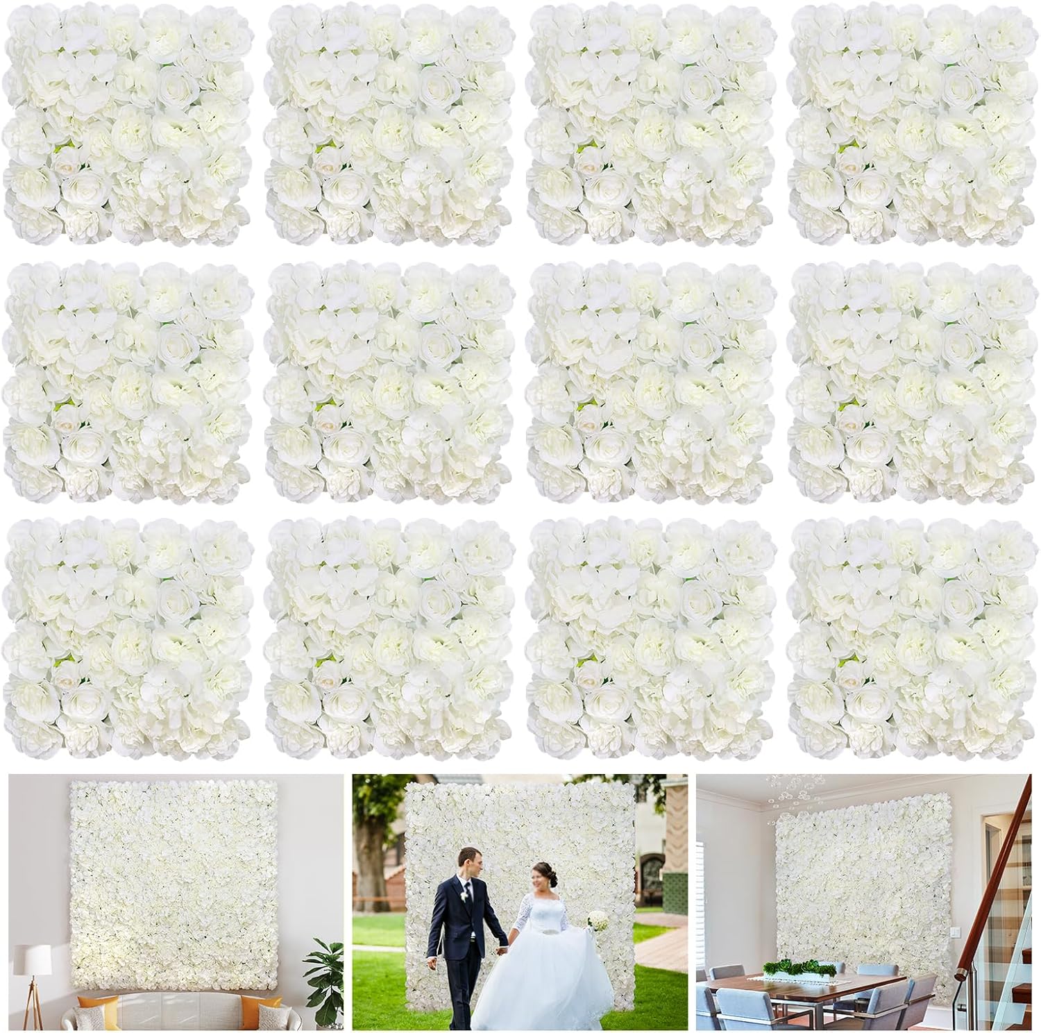 Riddsee Flower Wall Backdrop 12-Pack 16.5&amp;quot;* 16.5&amp;quot;artificial Rose Floral Panels Silk Spring Wedding Home Valentine's Day Photography Event Party Decoration -White