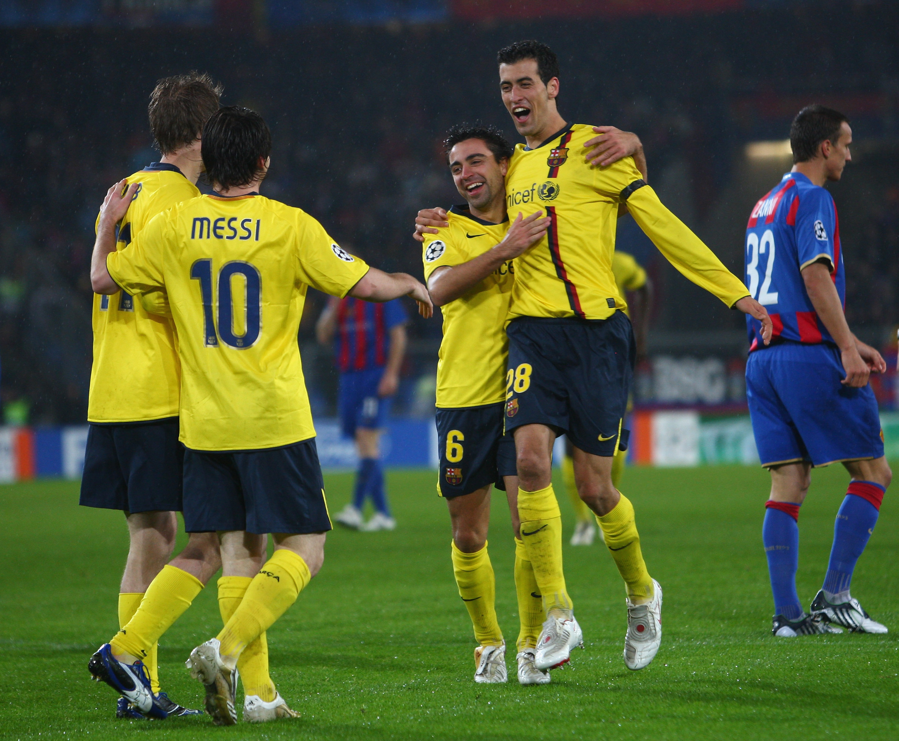 Barcelona players celebrate a goal against Basel in the Champions League in October 2008.