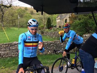 Yves Lampaert and Oliver Naesen fuel up after their ride