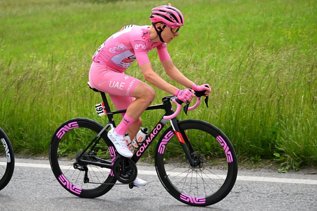 LIVIGNO MOTTOLINO ITALY MAY 19 Tadej Pogacar of Slovenia and UAE Team Emirates Pink Leader Jersey competes during the 107th Giro dItalia 2024 Stage 15 a 222km stage from Manerba del Garda to Livigno Mottolino 2387m UCIWT on May 19 2024 in Livigno Mottolino Italy Photo by Dario BelingheriGetty Images