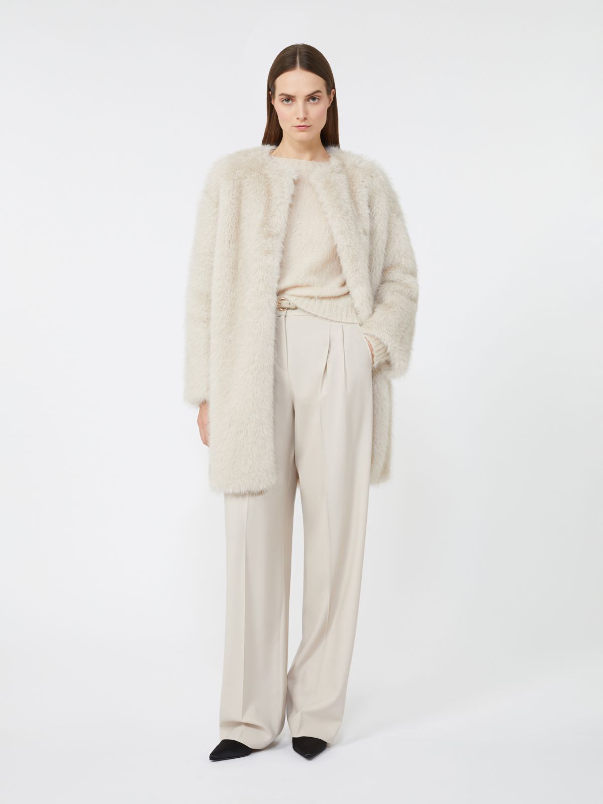 Faux Fur Effect Fabric Coat - Beige