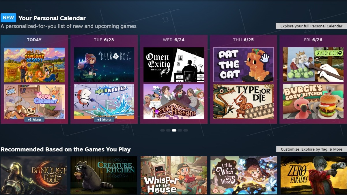 Steam store Personal Calendar widget on the main page showing two games I might like over the next five days.