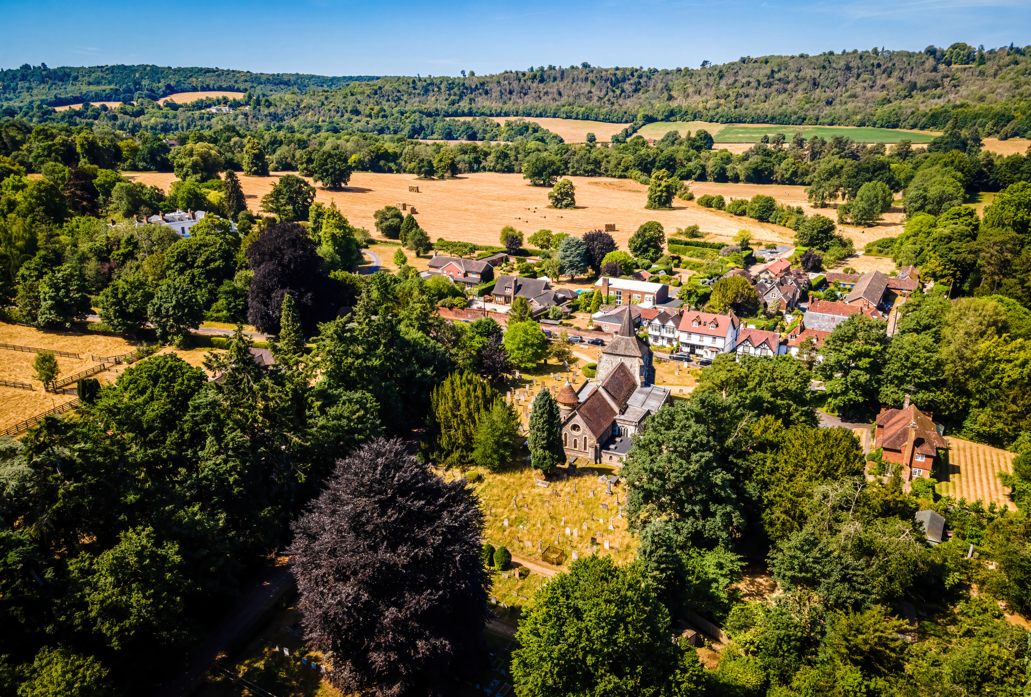 Aerial view of Mickleham, a village in south east England, between the towns of Dorking and Leatherhead in Surrey