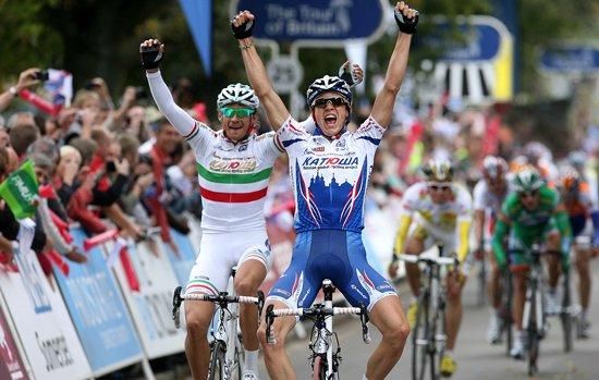 Ben Swift (Katusha) wins Tour of Britain ahead of teammate Filippo Pozzato.