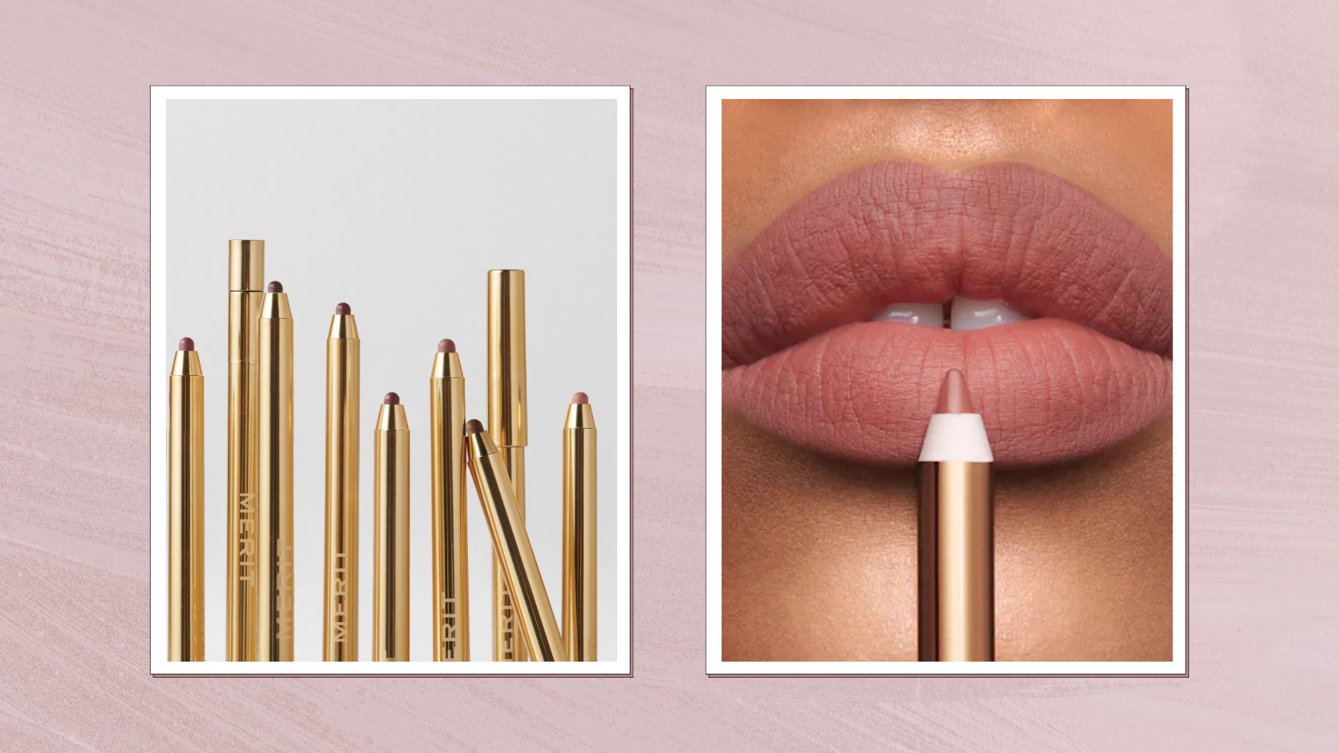 A pink painted frame containing an image of several merit lip liners against a grey backdrop and an image of a woman's lips applying a charlotte tilbury lip liner in a nude-brown shade