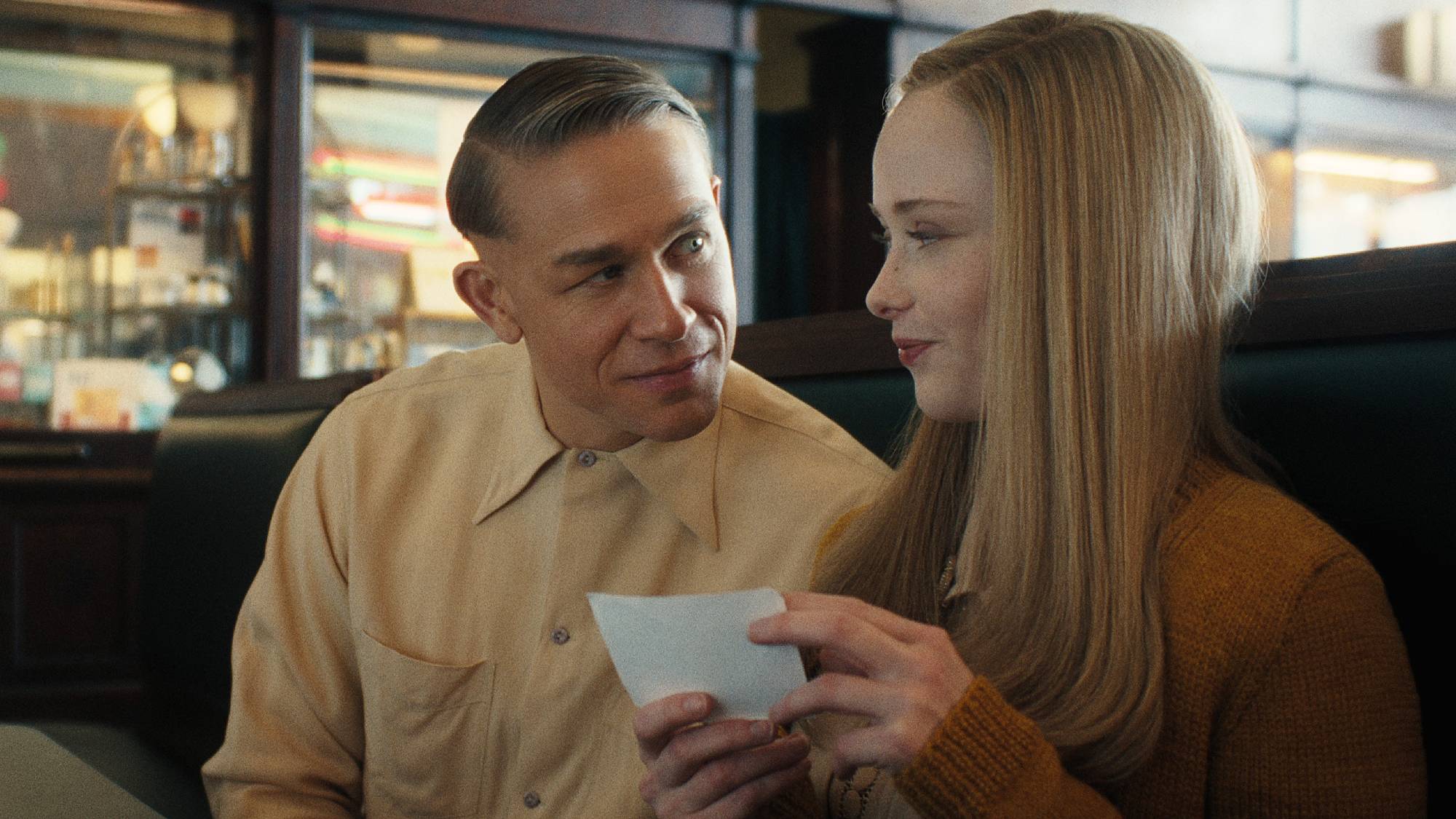 Charlie Hunnam as Ed Gein and Suzanna Son as Adeline Watkins in &quot;Monster: The Ed Gein Story&quot; on Netflix
