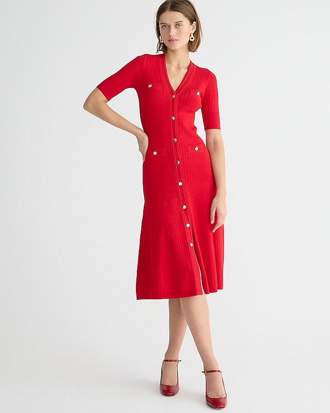 Elbow-Sleeve Button-Up Sweater-Dress in Red