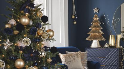 luxe Christmas scheme with dark indigo shades and gold accents