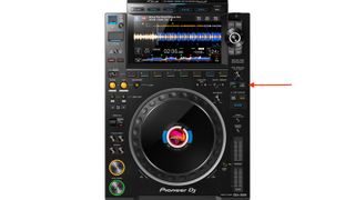 Pioneer CDJ 3000 with a red arrow pointing to the jog mode button