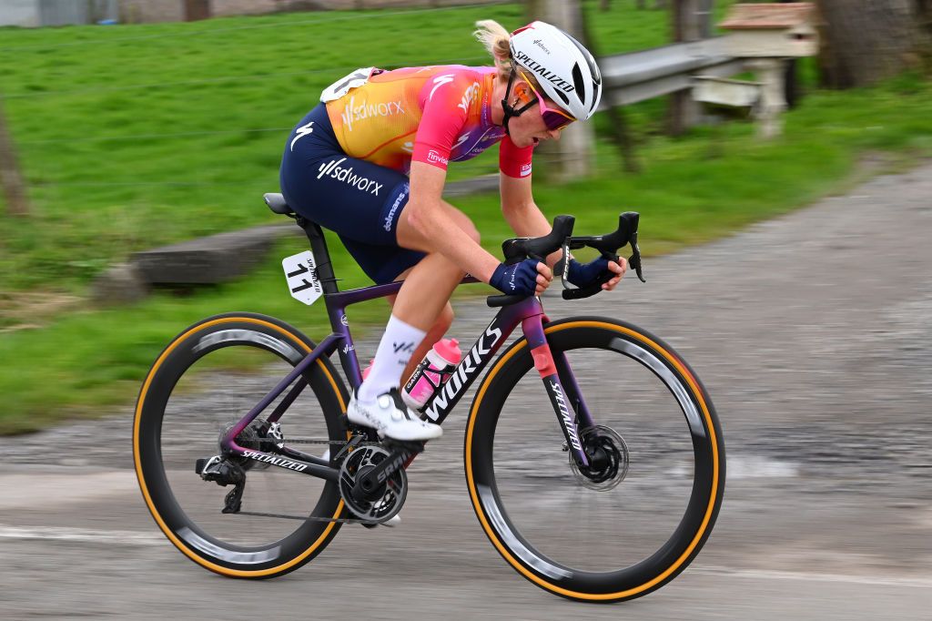 WAREGEM BELGIUM MARCH 29 Demi Vollering of The Netherlands and Team SD Worx attacks during the 11th Dwars door Vlaanderen 2023 Womens Elite a 1149km ine day race from Waregem to Waregem DDV23 on March 29 2023 in Waregem Belgium Photo by Luc ClaessenGetty Images