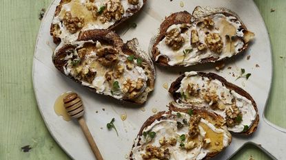 Spiced ricotta on toast with honey and walnuts