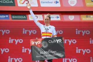 VALDESQUI COMUNIDAD DE MADRID MADRID SPAIN MAY 05 Mavi Garcia of Spain and Team Liv AlUla Jayco celebrates at podium as Best Spanish rider during the 10th La Vuelta Femenina 2024 Stage 8 a 895km stage from Distrito Telefonica Madrid to Valdesqui Comunidad de Madrid 1860m UCIWWT on May 05 2024 in Valdesqui Comunidad De Madrid Madrid Spain Photo by Alex BroadwayGetty Images