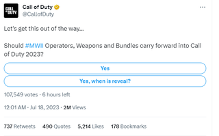 A Tweet that reads: Let's get this out of the way... Should #MWII Operators, Weapons and Bundles carry forward into Call of Duty 2023? With a poll, one saying "Yes," another saying "Yes, when is reveal?"