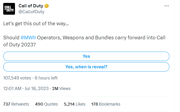 A Tweet that reads: Let's get this out of the way...  Should #MWII Operators, Weapons and Bundles carry forward into Call of Duty 2023? With a poll, one saying 