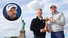 Main image of Luke Donald (left) and Keegan Bradley holding up the Ryder Cup with the Statue of Liberty in the background - inset image of David Howell (top left)