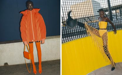 Models wearing Dion Lee's collection. Left: woman in bright orange outfit. Right: woman in a bright yellow outfit with handbag
