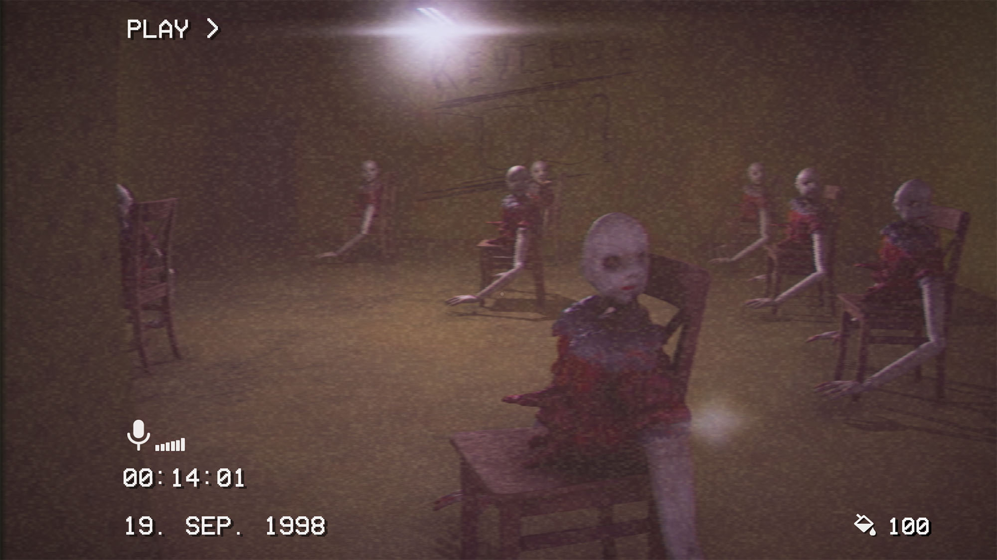 Dollheads on broken bodies and freaky long arms in chair looking at the player