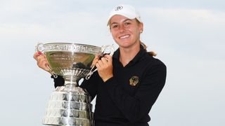 Chiara Horder with the trophy after winning the 2023 R&A Women's Amateur Championship at Prince's Golf Club