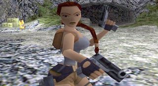 The original blocky Laura Croft of your, turning around while holding dual pistols.