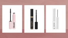 Collage of three of the best natural-looking mascaras featured in this guide from Glossier, Max Factor and IT Cosmetics, set against a dark pink watercolour-style background