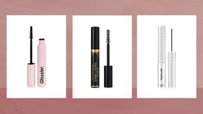 Collage of three of the best natural-looking mascaras featured in this guide from Glossier, Max Factor and IT Cosmetics, set against a dark pink watercolour-style background